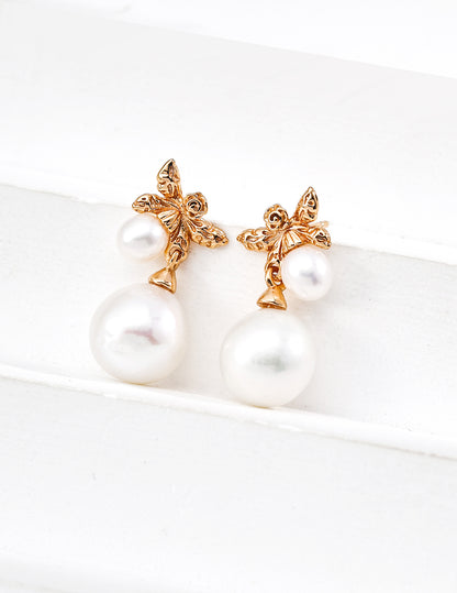 Boucles d’oreilles en forme de papillon avec perles naturelles en argent doré vintage MeiPerle