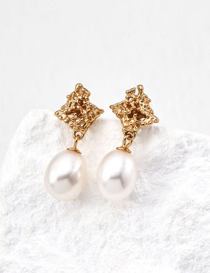 Boucles Meiperle Rocaille Dorée avec perles naturelles et monture texturée en or S925